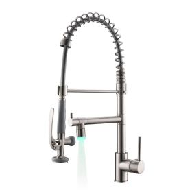 Double Handle LED Kitchen Sink Faucet With Pull Down Sprayer Single Hole Spring Modern Sink Tap in Brushed Nickel