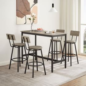 Pub High Dining Table 5 Piece Set, Industrial Style Pub Table, 4 PU Leather Bar Chairs for Kitchen Breakfast Table, Living Room, Bar, Rustic Grey, 47.